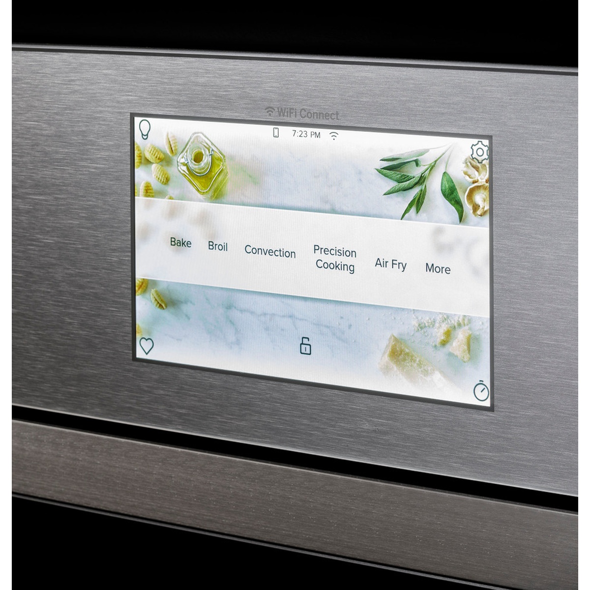 Close-up of the Café CTD90DM2NS5 7-inch full-color touch LCD control panel showing Bake, Broil, Convection, Precision Cooking, Air Fry, and More menu options