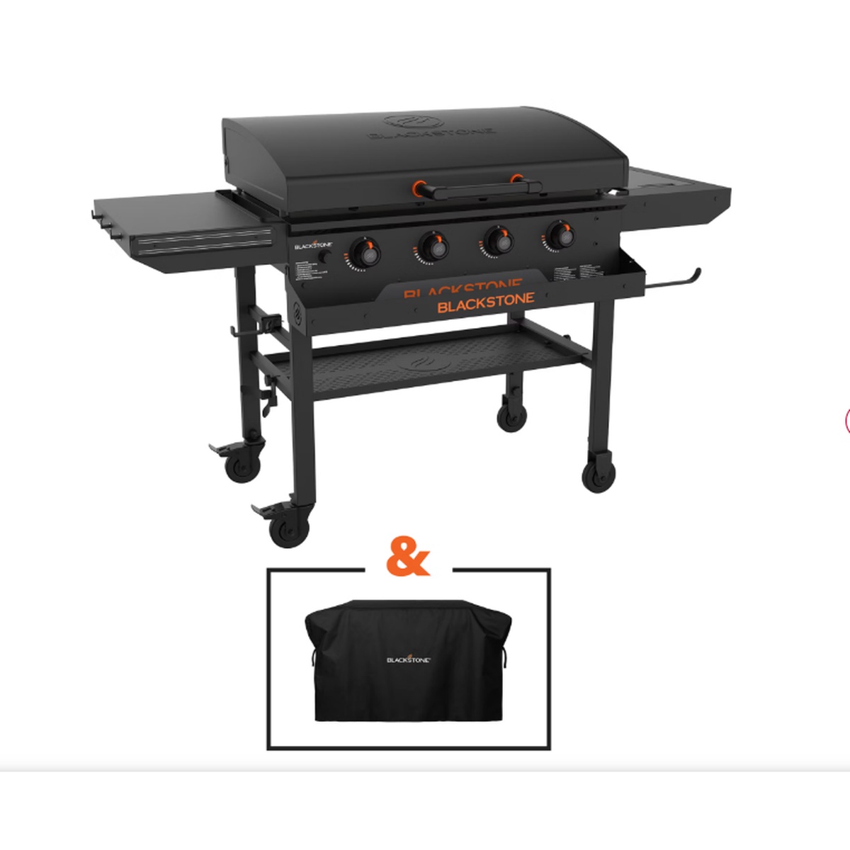 Blackstone 36 inch griddle on a wheeled cart with side shelves and a hard lid, shown with an included fitted fabric griddle cover