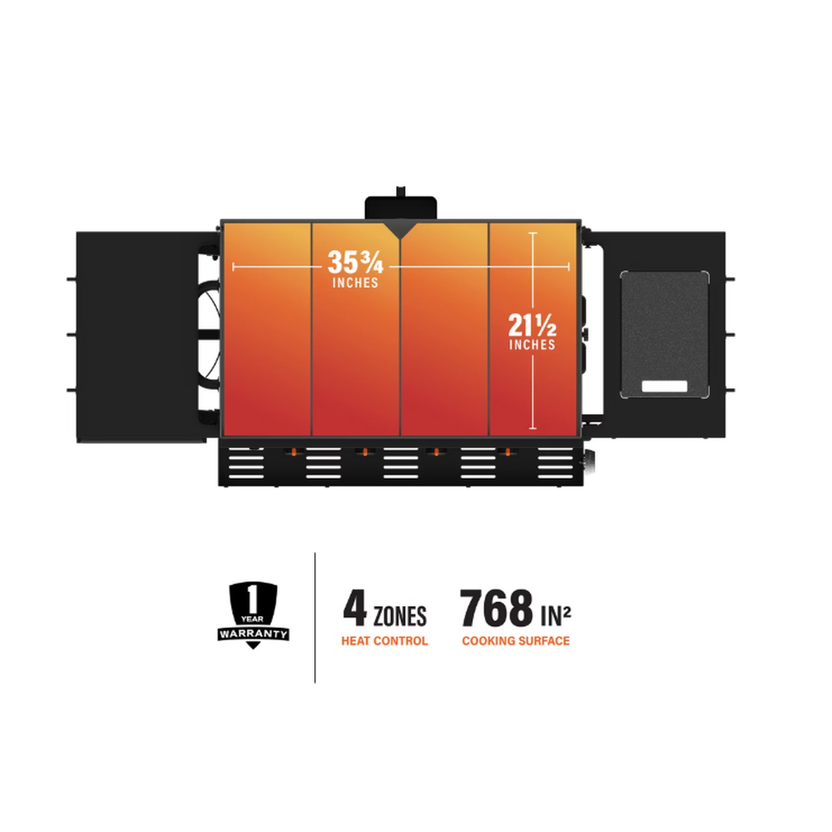 Top-down view of the Blackstone griddle cooking surface showing 35 3/4 inch by 21 1/2 inch dimensions, 4 heat zones, 768 square inch cooking surface, and 1 year warranty icons
