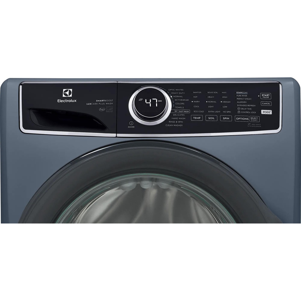 Close-up of the Electrolux ELFW7626BD control panel showing SmartBoost, LuxCare Plus Wash branding, cycle selector dial, and options including StainSoak, Pure Rinse, Perfect Steam, Allergen, and 15-min Fast Wash