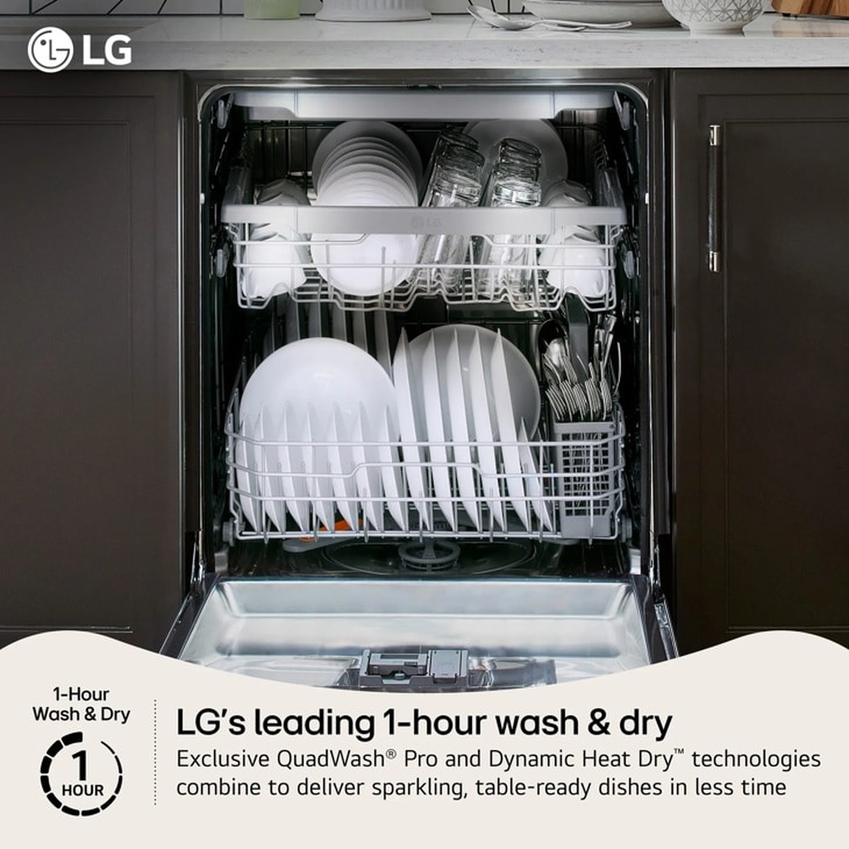 LG LDNTH753S dishwasher open with fully loaded upper and lower racks, showing dishes, glasses and cutlery with 1-Hour Wash and Dry messaging