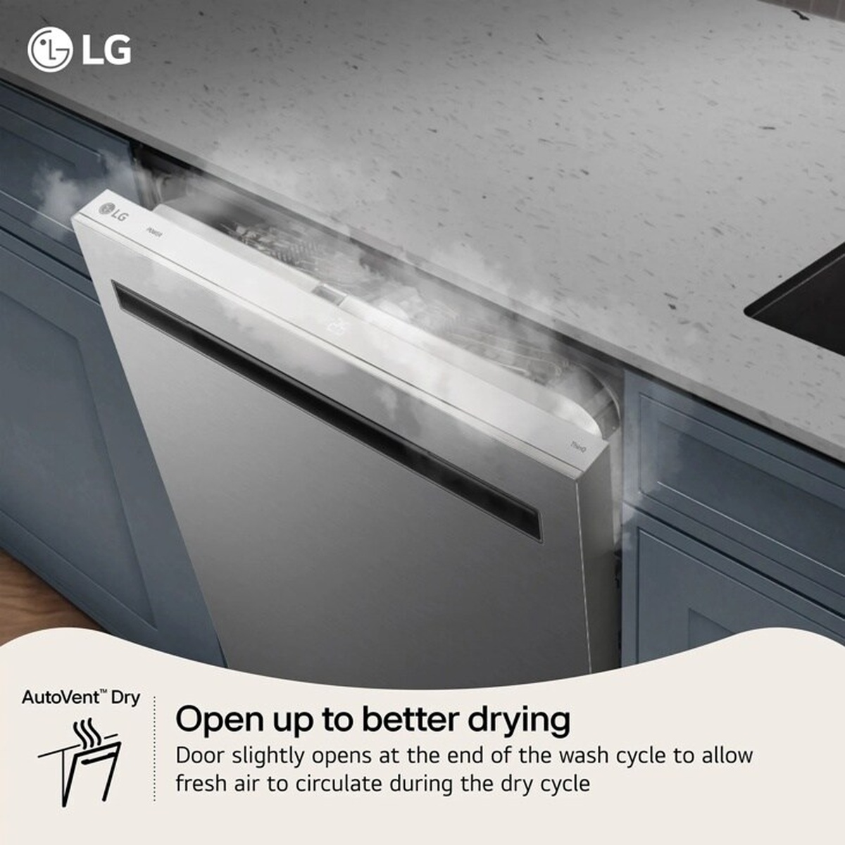 LG dishwasher door slightly ajar with steam venting out, demonstrating AutoVent Dry technology built into the FlushFit top control design