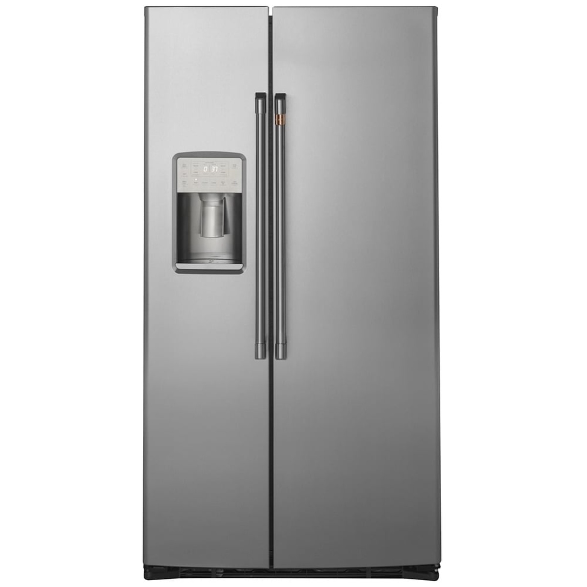 Front view of a stainless steel Café counter-depth side-by-side refrigerator with external dispenser and long vertical handles