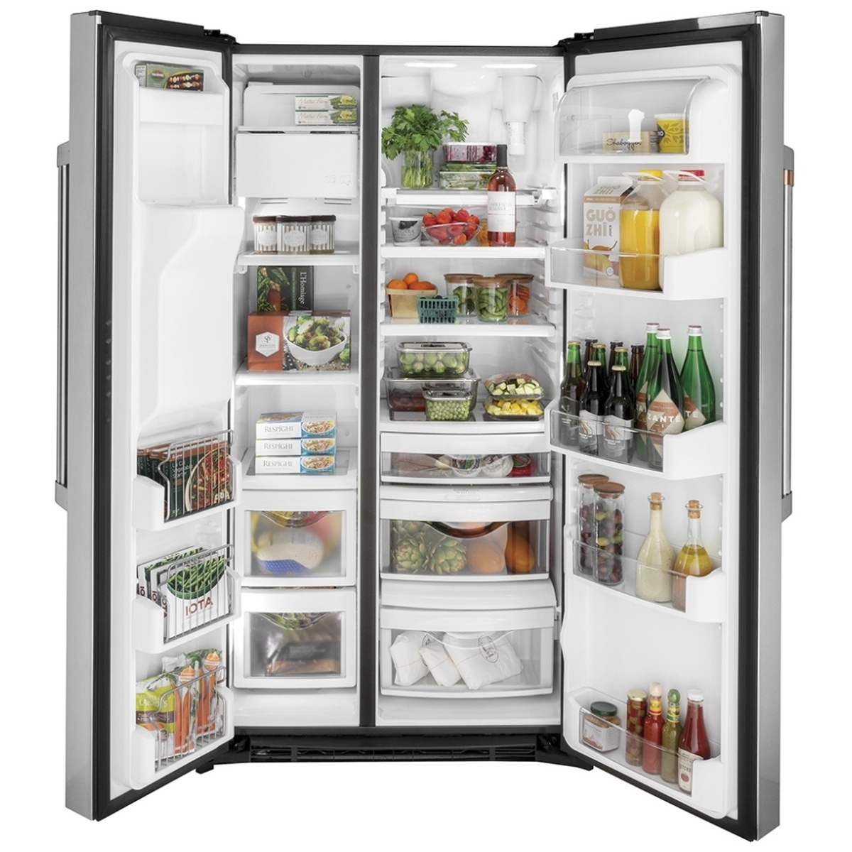 Open Café side-by-side refrigerator showing adjustable shelves, multiple clear drawers, and door bins with groceries inside