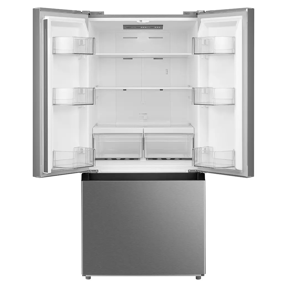 Midea MRF18B4AST French door refrigerator open, showing interior glass shelves, clear door bins, crisper drawers, and electronic control panel at the top