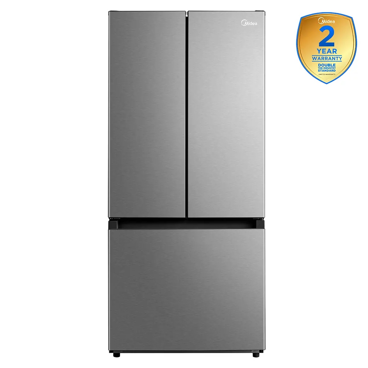 Midea MRF18B4AST stainless steel French door refrigerator front view with a Midea 2-Year Warranty badge displayed, labeled double the industry standard