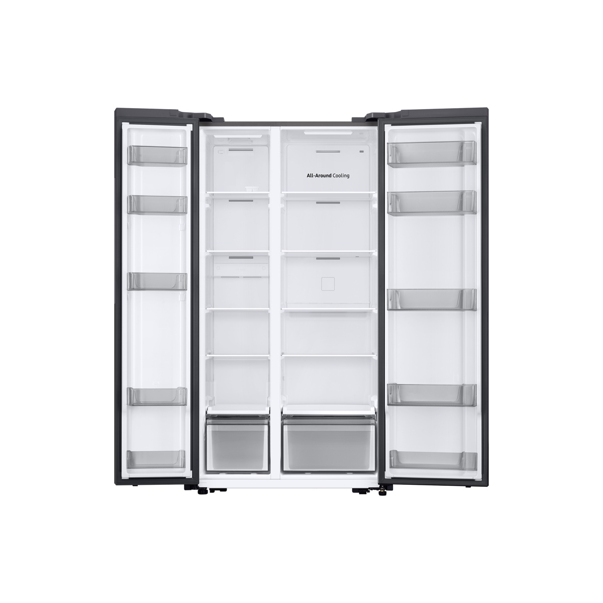 Samsung RS20DG4000M9 side-by-side refrigerator open interior showing All-Around Cooling label, multiple adjustable shelves, door bins on both sides, and bottom storage drawers