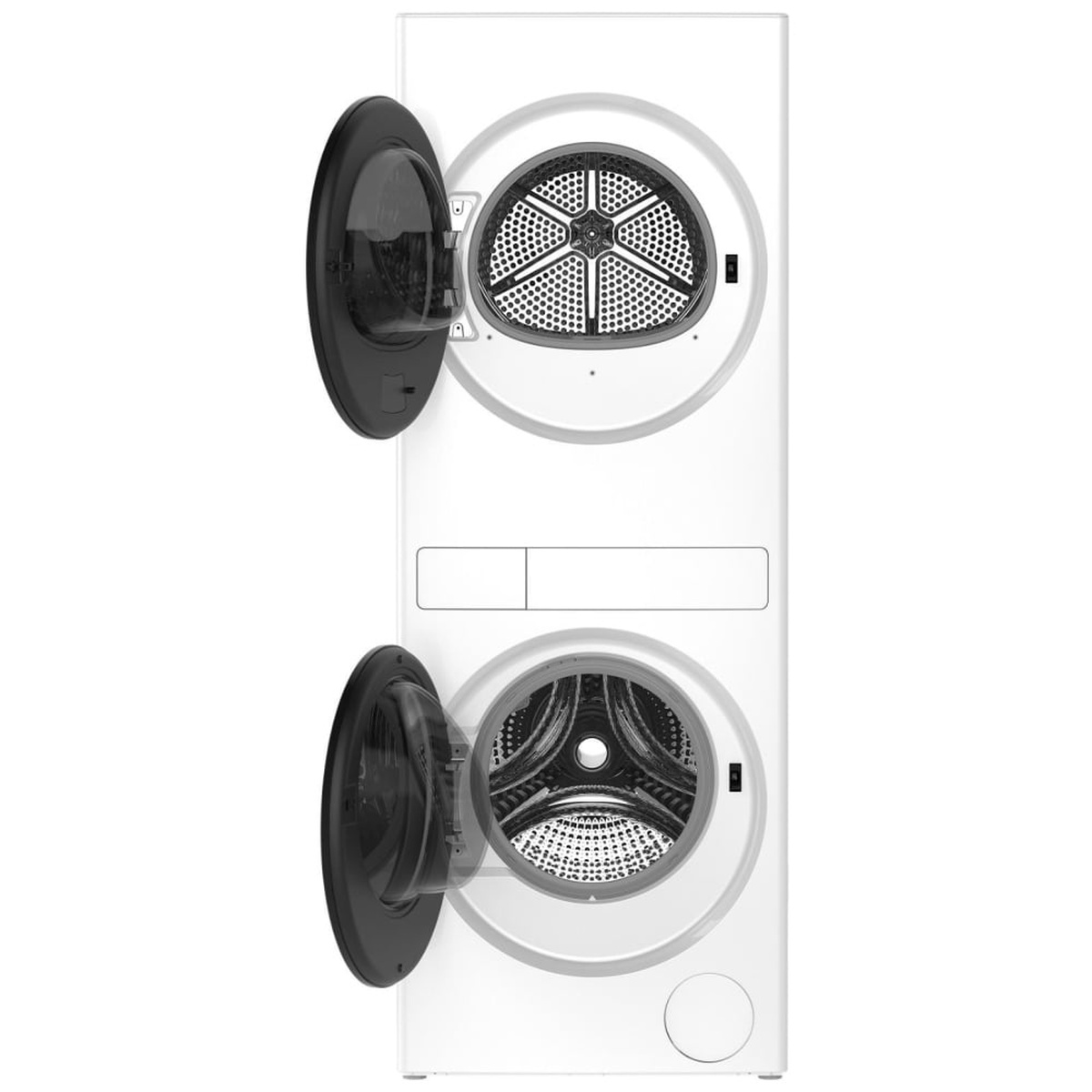 Whirlpool laundry tower with both round doors open showing the dryer and washer interiors
