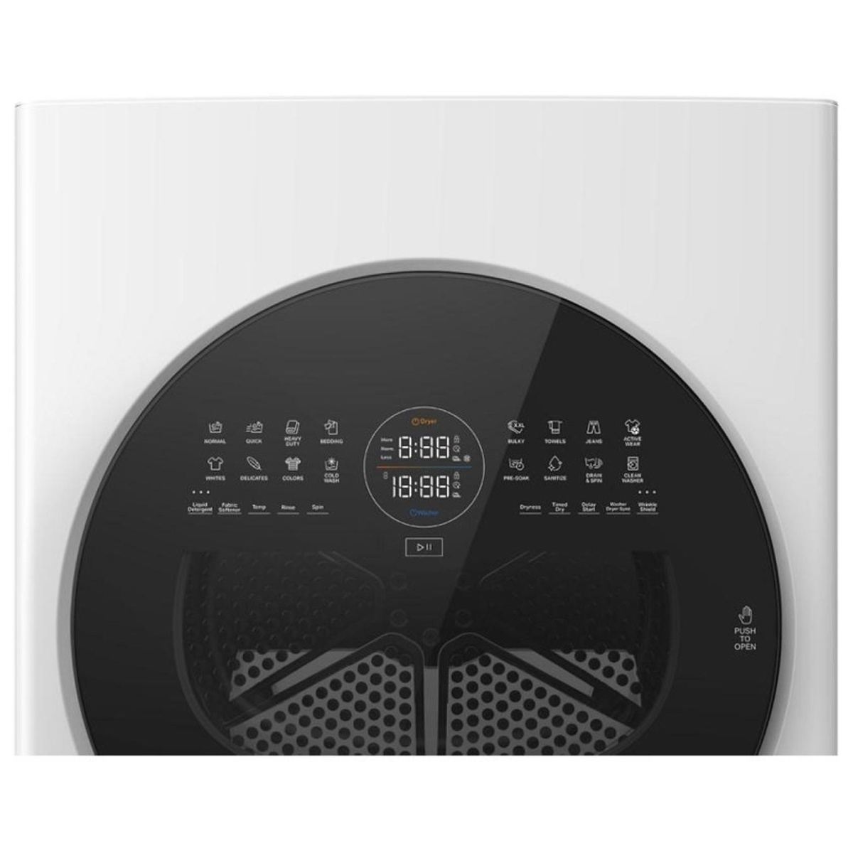 Close-up of the Whirlpool laundry tower upper door and glass-touch control display