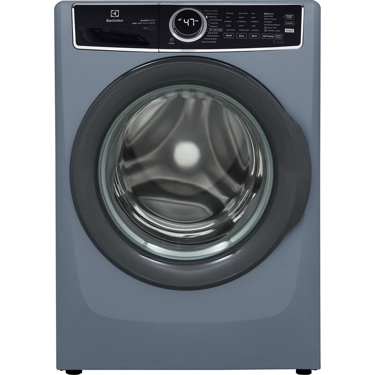 Electrolux front-load washer ELFW7626BD showing the control panel, cycle dial, and large circular door