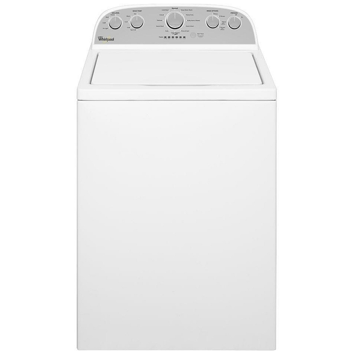 Front view of a white Whirlpool top-load washing machine