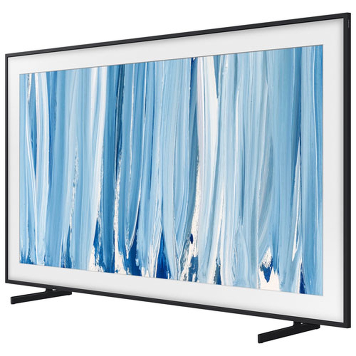 Angled view of Samsung The Frame Pro TV showing the thin profile and stand feet