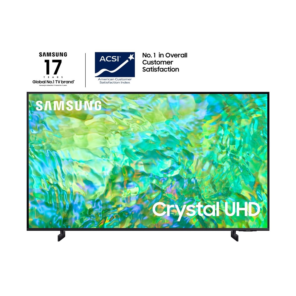 Front view of a Samsung Crystal UHD TV with Samsung branding and customer satisfaction badge graphics