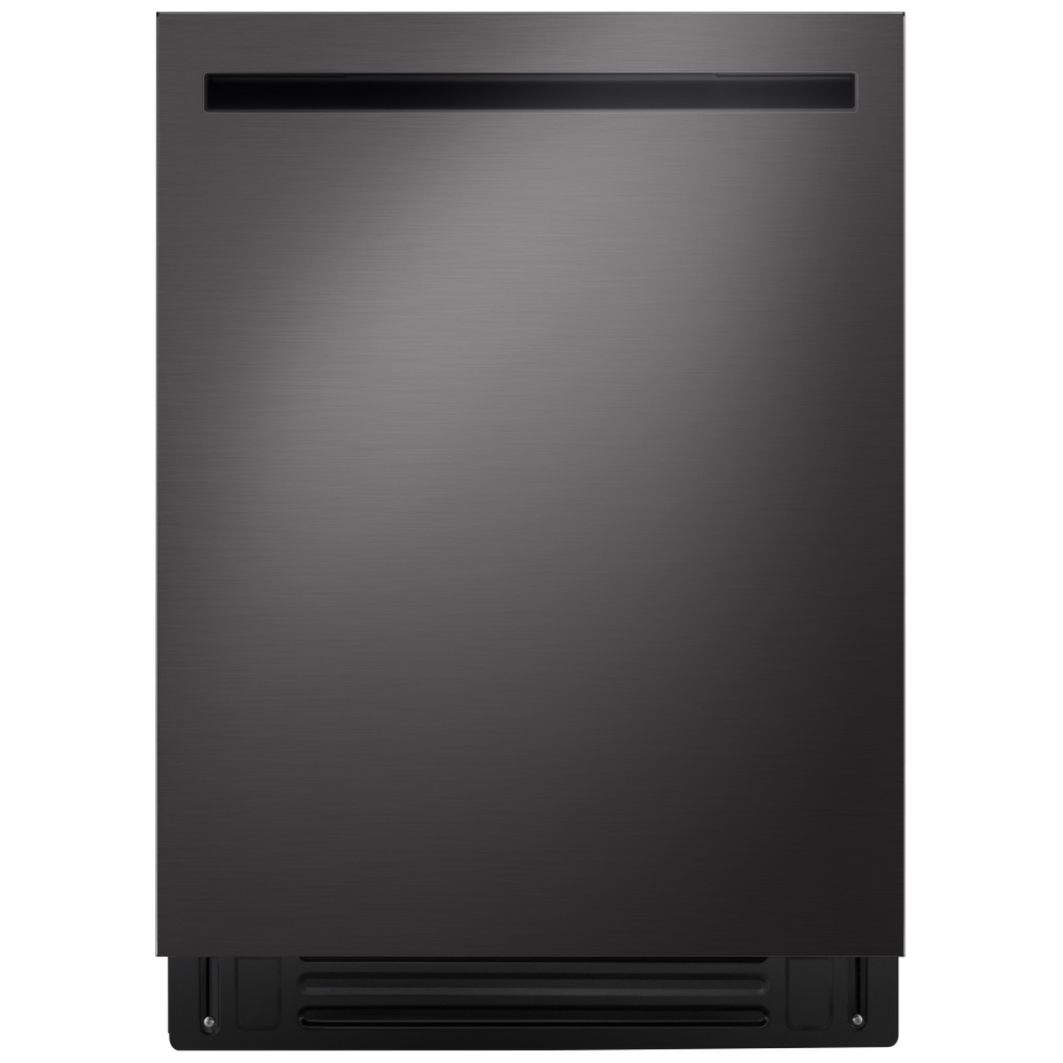 Front view of a fully integrated dishwasher with a black stainless steel panel and recessed handle area