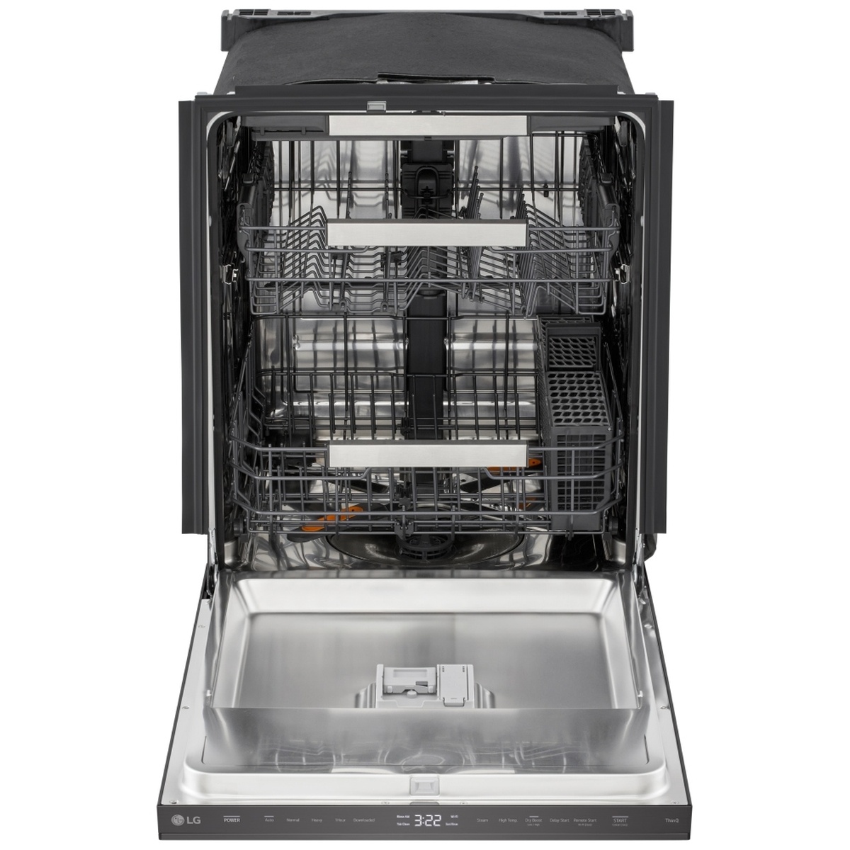 Open dishwasher showing stainless interior tub, upper and lower racks, and the top-edge control panel