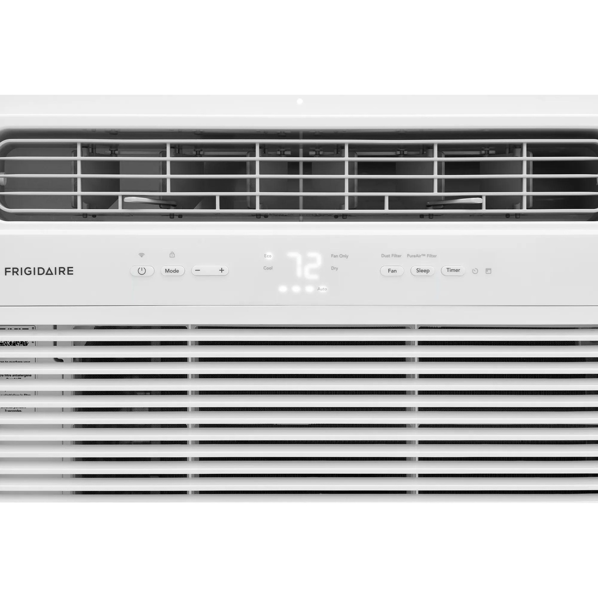Close-up of the Frigidaire window air conditioner control panel with digital temperature display and mode buttons