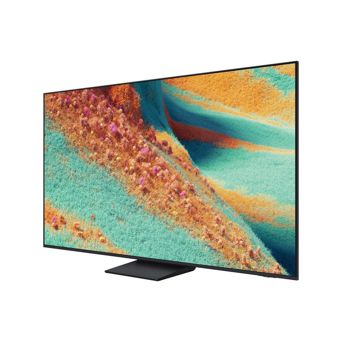 Angled front view of a Samsung Neo QLED TV with a slim black bezel and a wide center stand