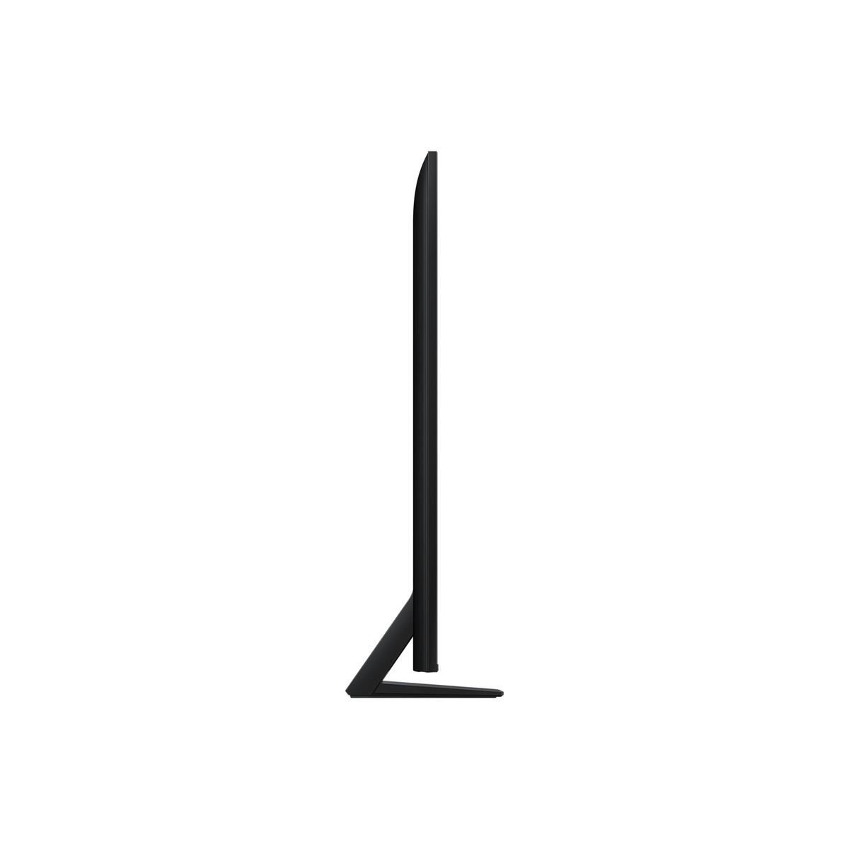 Side profile of a Samsung flat-screen TV showing a thin panel on a wide center stand