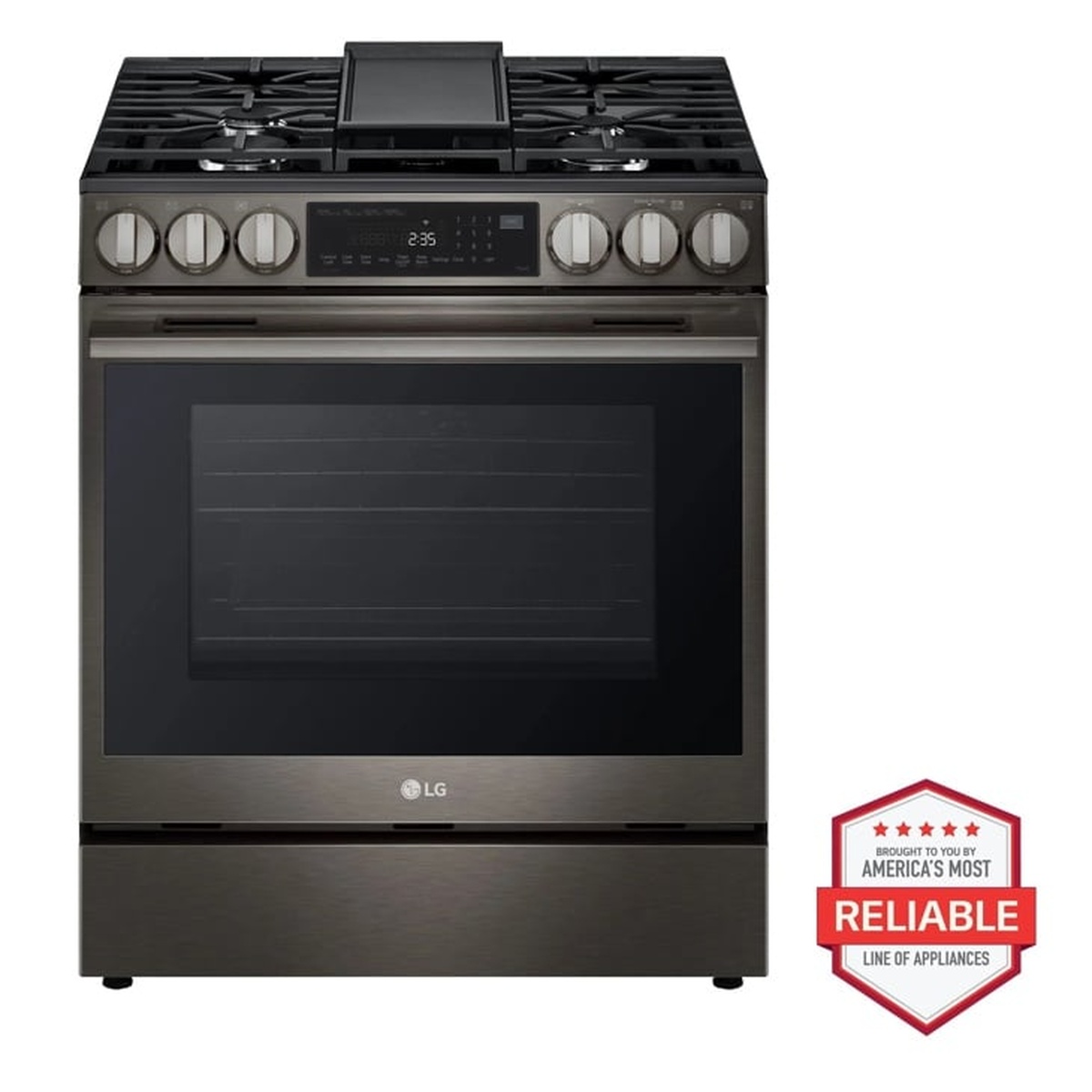 LG LSGL6335Z black stainless steel 5-burner slide-in gas range with oven window and cast-iron griddle on cooktop