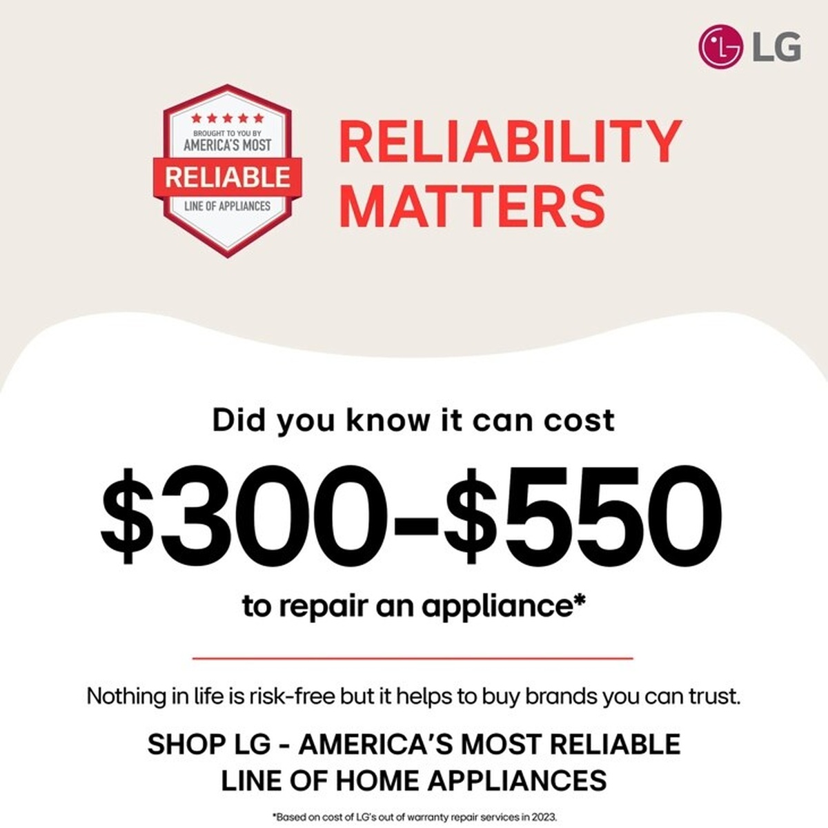 LG Reliability Matters infographic highlighting LG as America's most reliable line of home appliances
