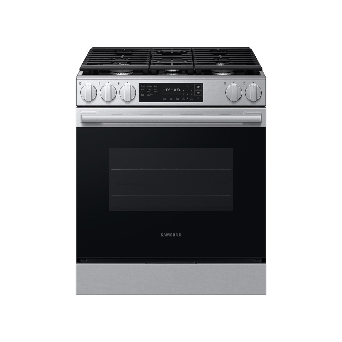 Samsung NSG70H60SRAA Bespoke Slide-in Gas Range front view showing 5-burner cooktop, precision knobs, touch glass control panel, and large oven cavity in fingerprint resistant stainless steel