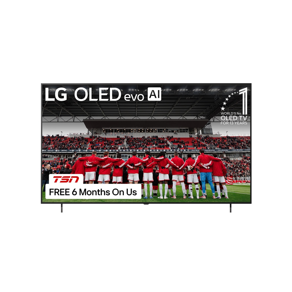 LG OLED evo AI 65-inch B6E TV front view displaying a sports broadcast scene, with World's No. 1 OLED TV for 13 Years badge visible on screen