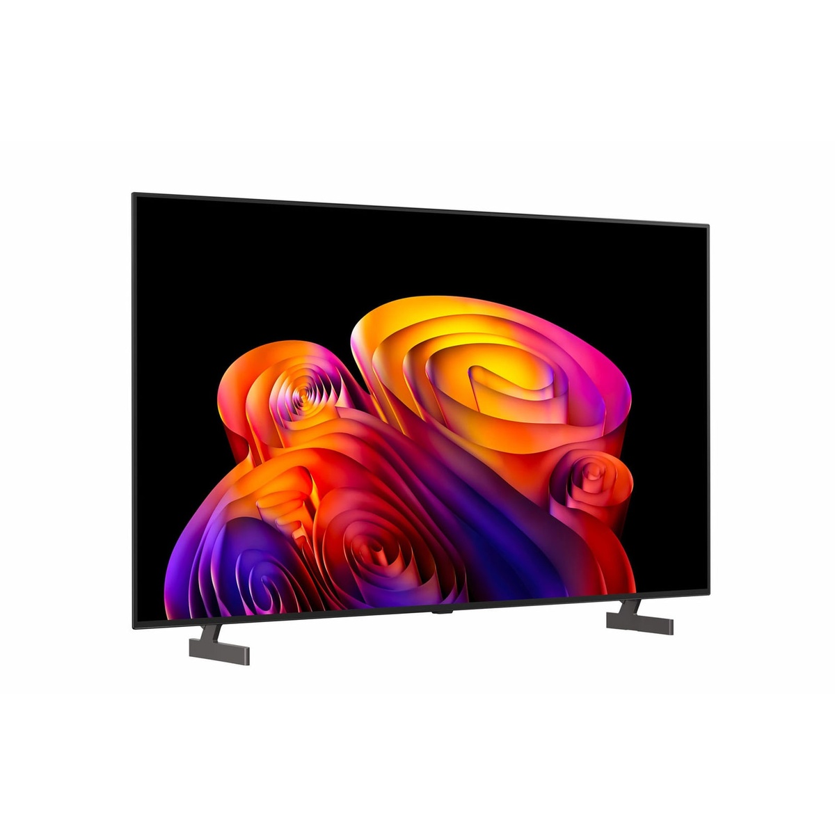 LG OLED B6E 65-inch TV shown at an angle on white background, displaying vivid colourful abstract artwork on its slim-bezel screen