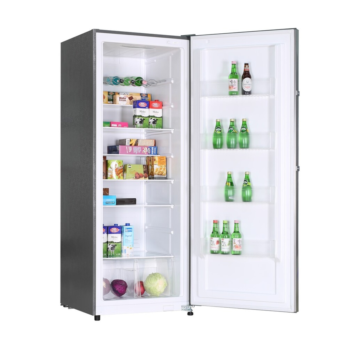Marathon MAR149SS stainless steel all-refrigerator open and fully stocked with shelves, door bins, wine rack, and crisper drawers visible