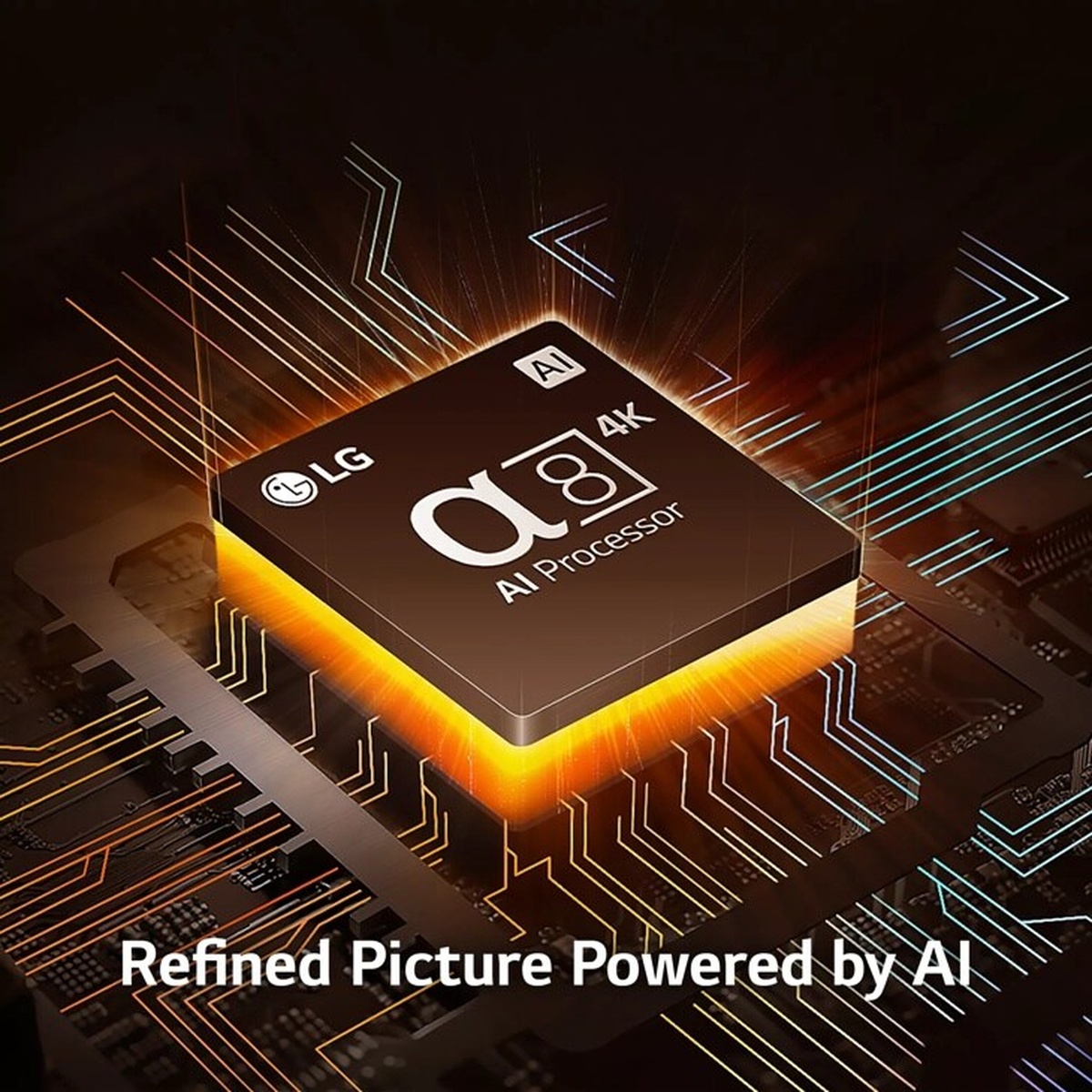 LG α8 AI Processor 4K chip graphic with glowing circuit board background and text reading Refined Picture Powered by AI