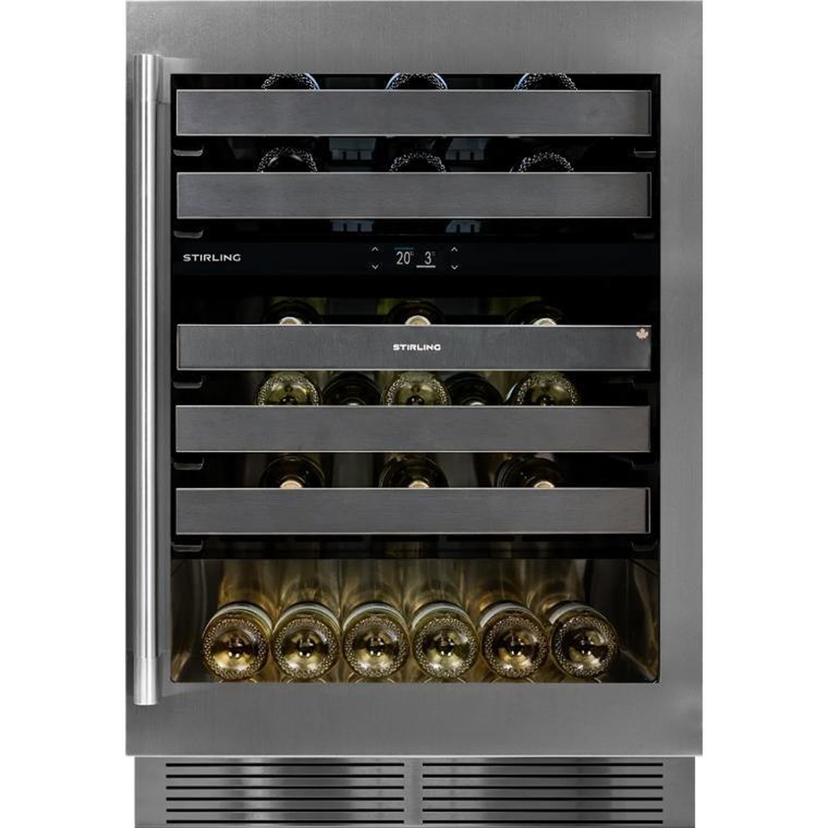 Stirling S4-D200SS wine cellar fully loaded with wine bottles across five stainless steel shelves, front view with illuminated TFT control panel visible