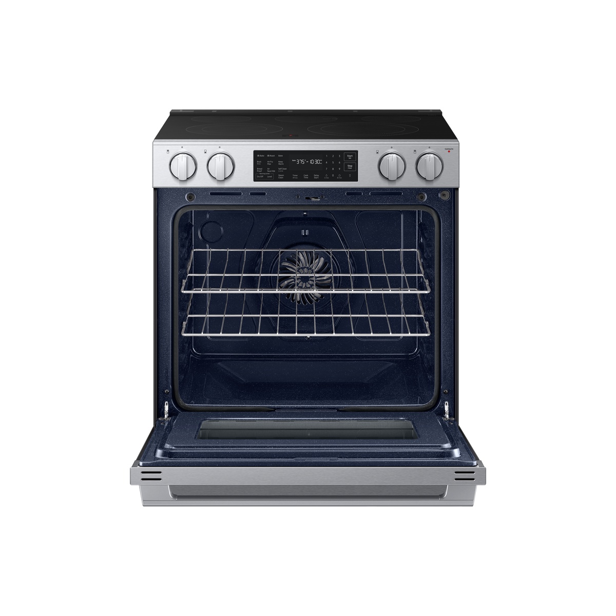 Samsung NSE80H63XRAC oven interior open, showing convection fan, rear heating element, and oven racks inside the large cavity