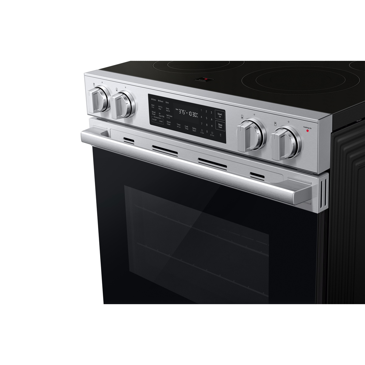 Close-up of Samsung NSE80H63XRAC control panel showing digital display, function buttons including Air Fry Max, Air Sous Vide, Self Clean, and dual burner control knobs