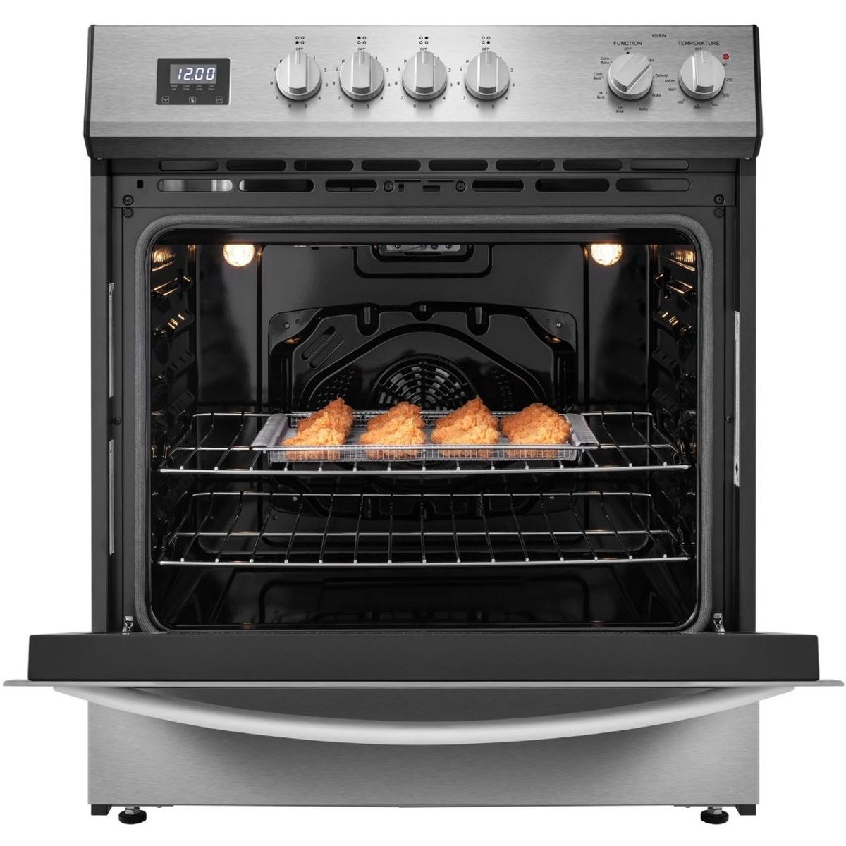 Kenmore 22-96873 oven interior open with air fry basket holding crispy fried pieces, convection fan visible at rear