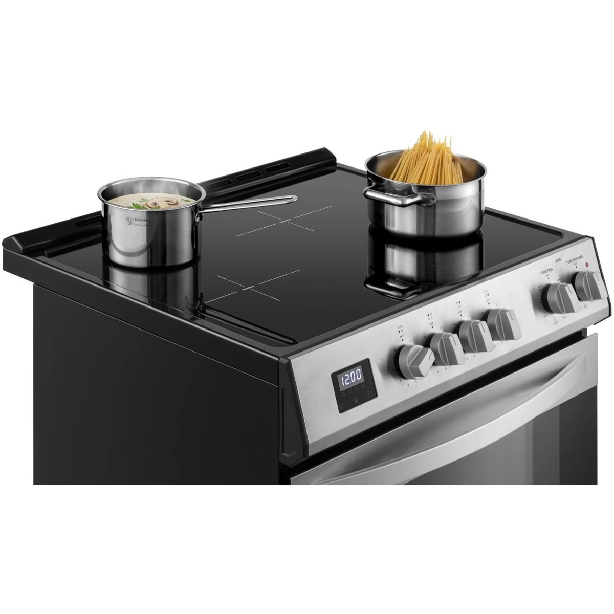 Kenmore induction glass cooktop with two stainless steel pots cooking simultaneously, knob controls visible on front panel