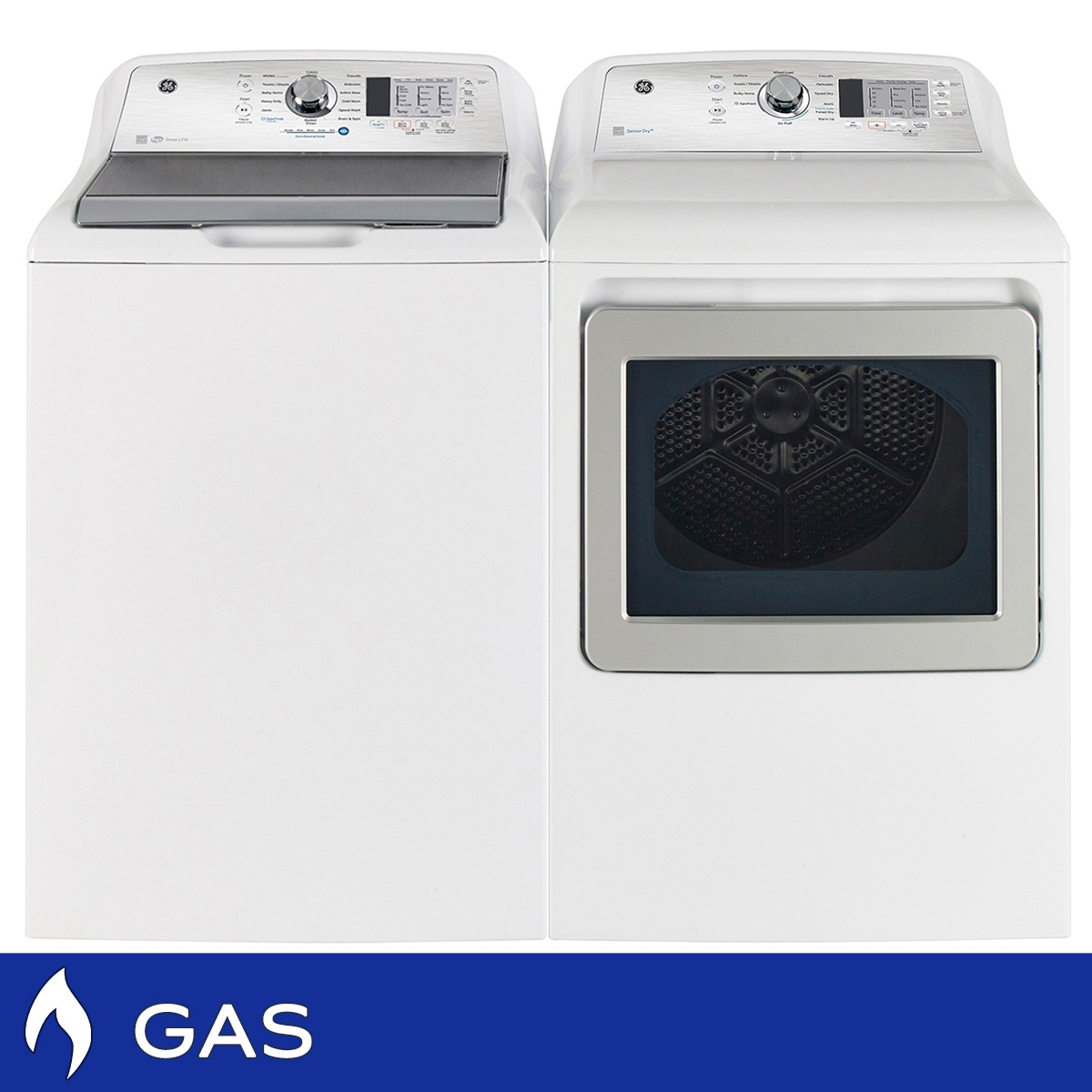 GE white top-load washer and gas dryer side by side with rotary controls and a GAS label banner at the bottom