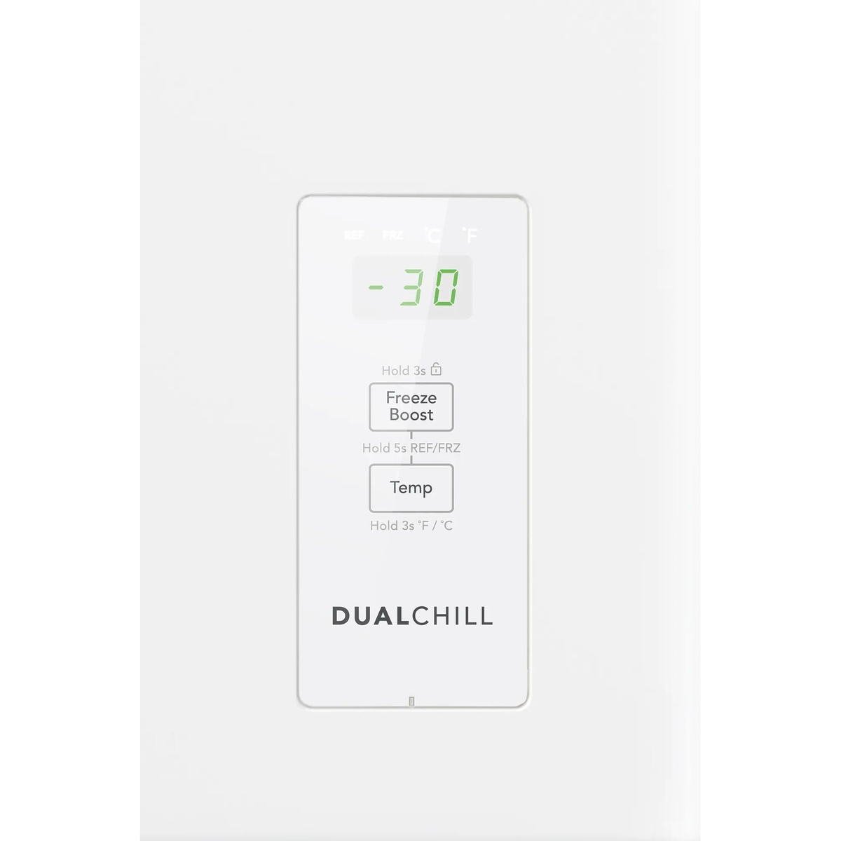Close-up of the Frigidaire FFCS1062AW DualChill external control panel showing a digital temperature display reading -30, Freeze Boost button, Temp button, and degree unit toggle