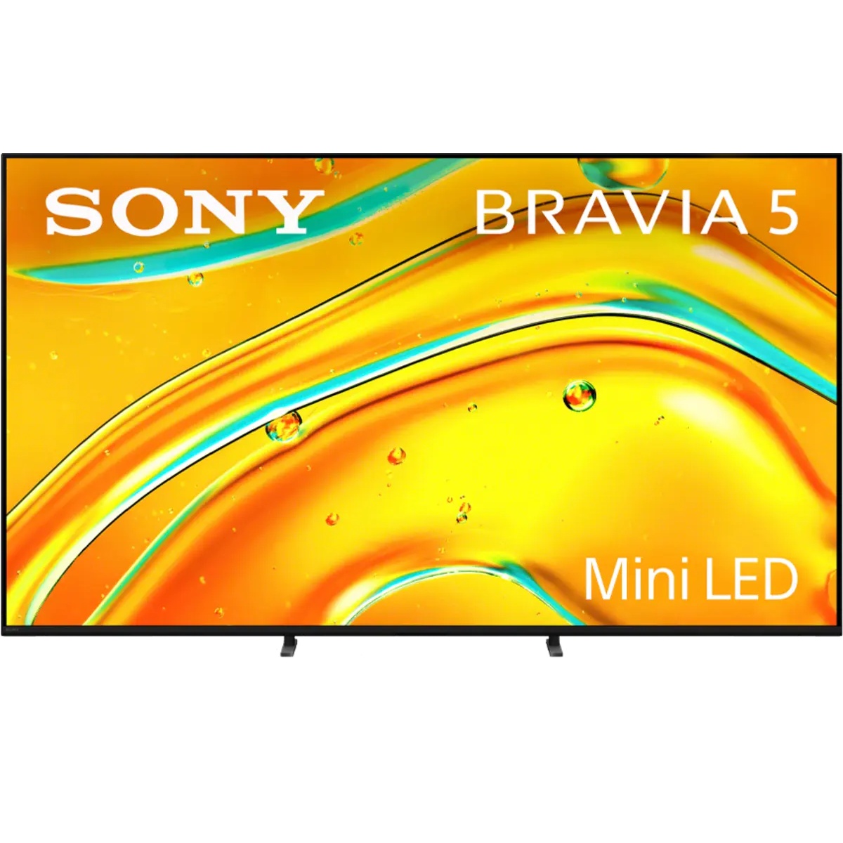 Sony BRAVIA 5 Mini LED 65-inch TV shown front-facing displaying a vivid orange and teal abstract image with Sony and Mini LED branding on screen
