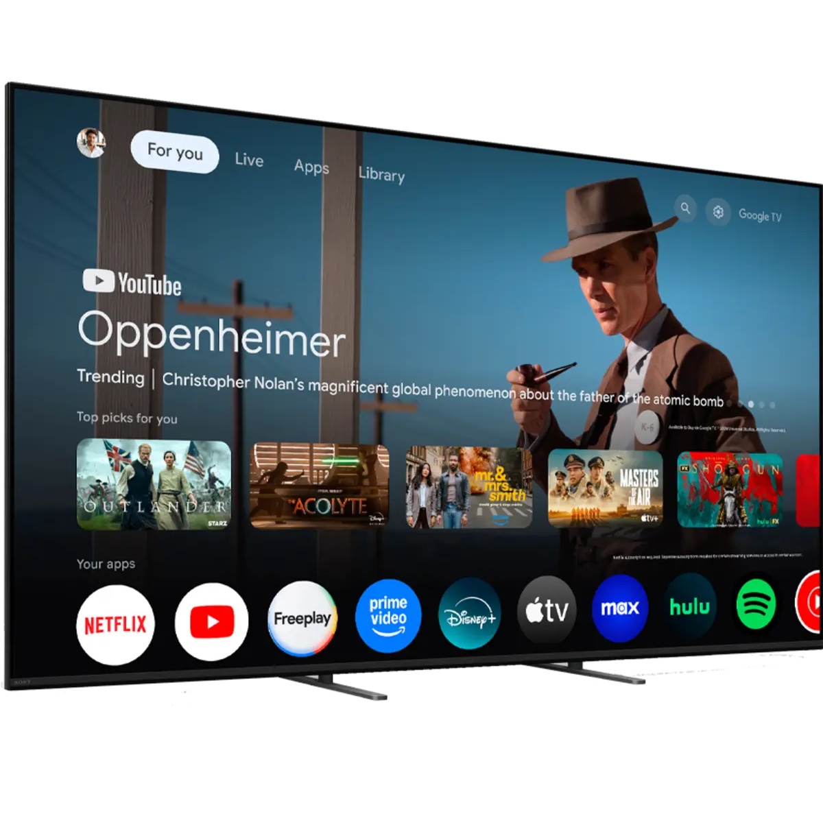 Sony BRAVIA 5 TV shown at an angle displaying the Google TV home screen with streaming app icons including Netflix, YouTube, Prime Video, Disney+, Apple TV, Max, Hulu, and Spotify