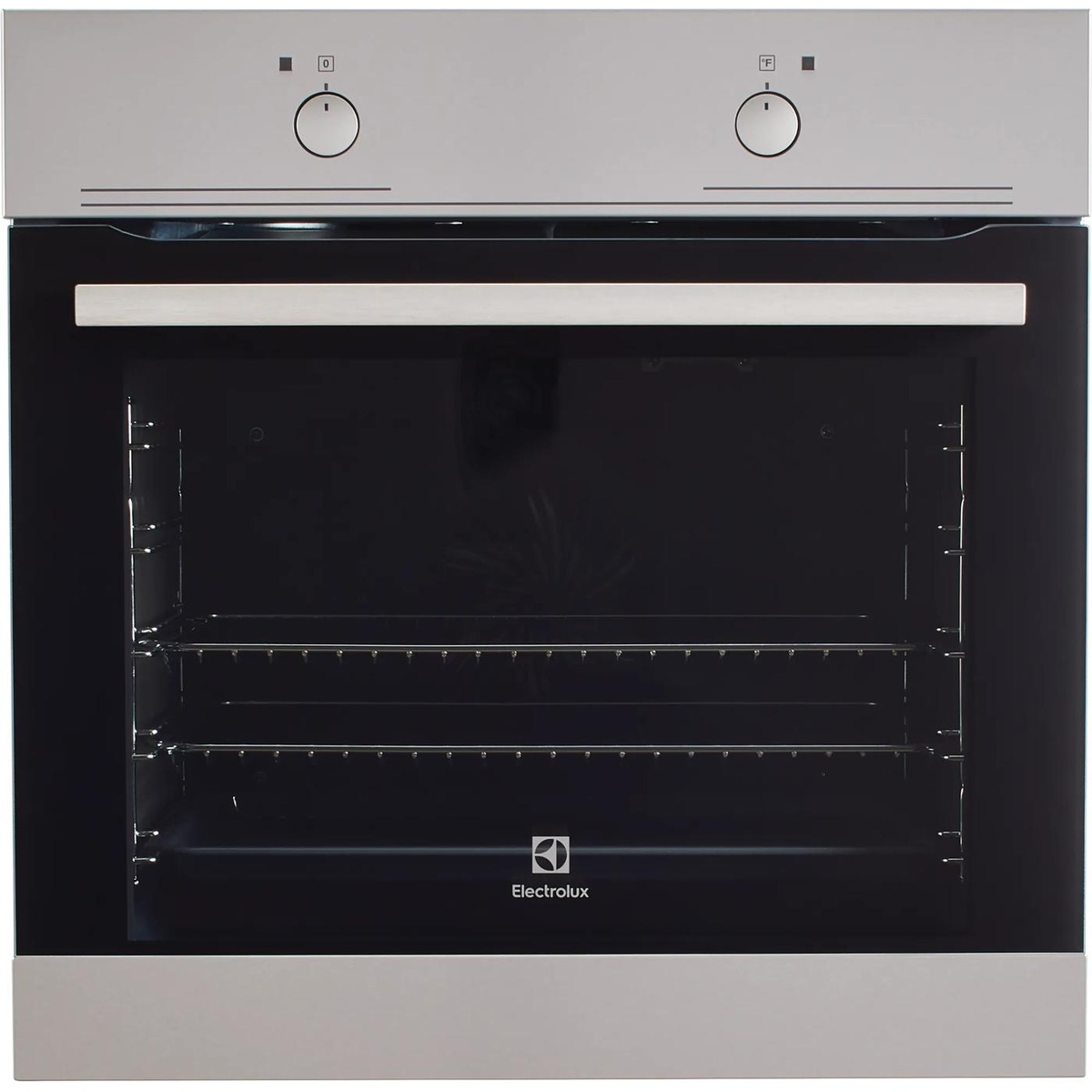 Front view of the Electrolux EI24EW35LS 24-inch electric single wall oven in stainless steel with a large black glass door, dual knob controls, and two visible interior oven racks
