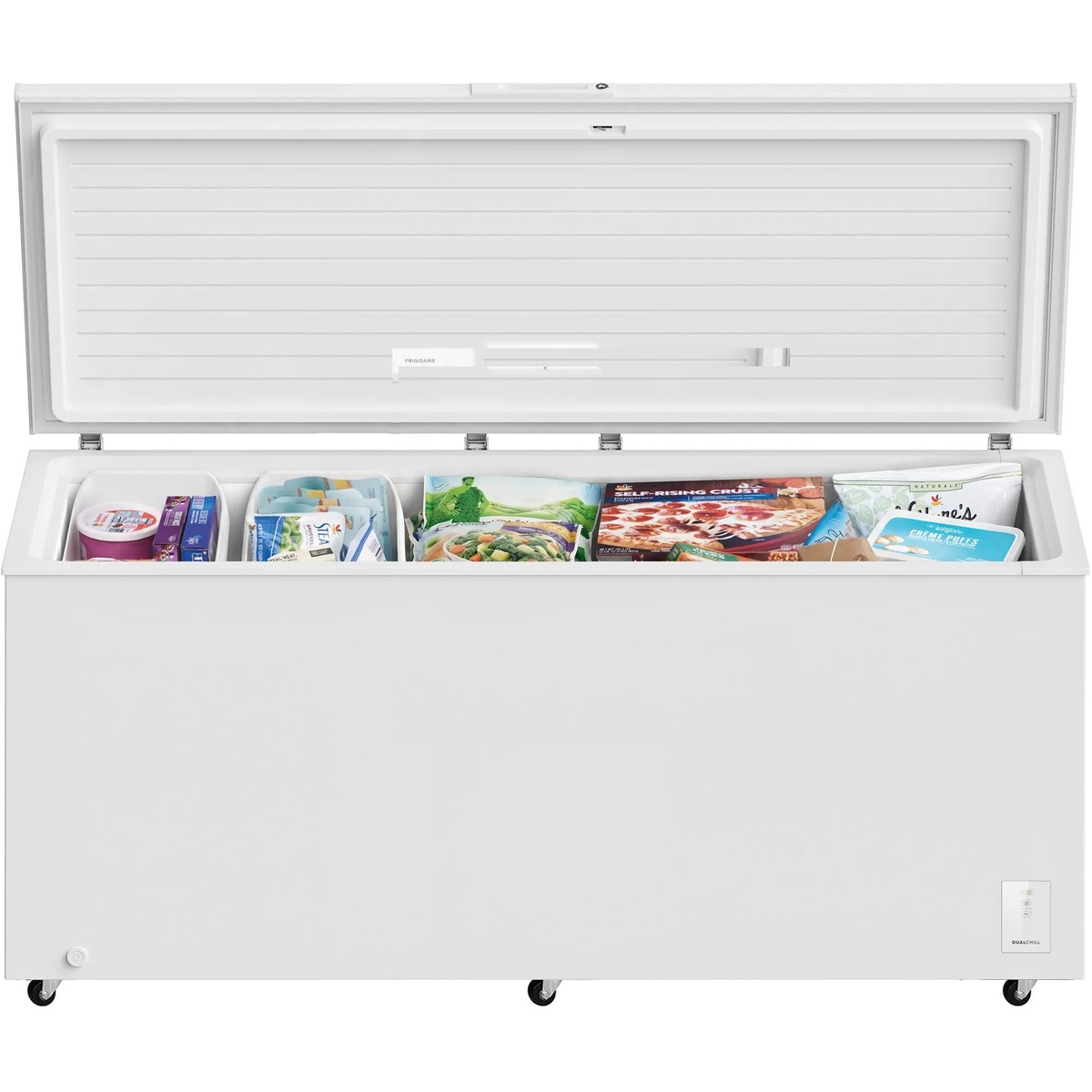 Frigidaire FFCL2562AW chest freezer open lid view showing spacious interior loaded with frozen food items and removable storage baskets along the top