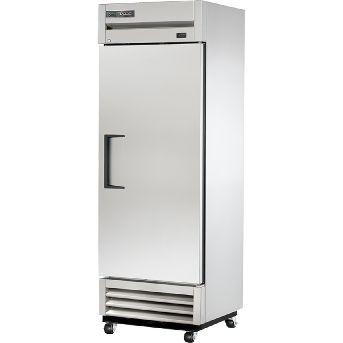 True T-19F-HC single-door stainless steel reach-in freezer shown at an angle on locking casters