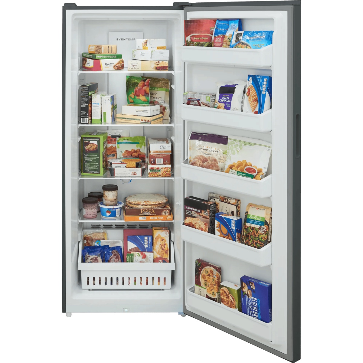 Frigidaire FFUE1326AV upright freezer interior fully loaded with frozen foods, showing multiple adjustable shelves, door bins, and bottom pull-out basket