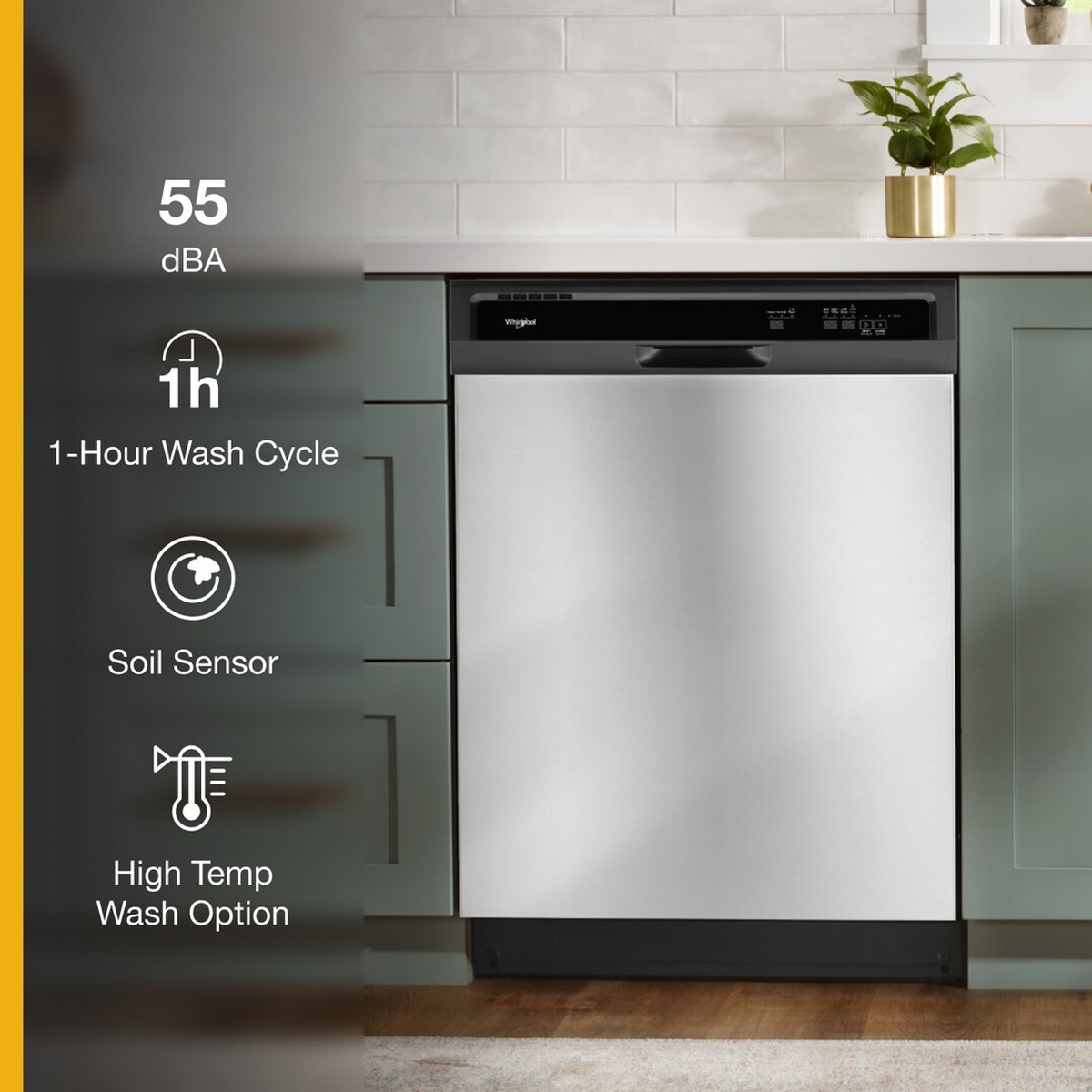 Whirlpool WDF330PAHS dishwasher installed in a modern kitchen with feature callouts showing 55 dBA noise level, 1-Hour Wash Cycle, Soil Sensor, and High Temp Wash Option