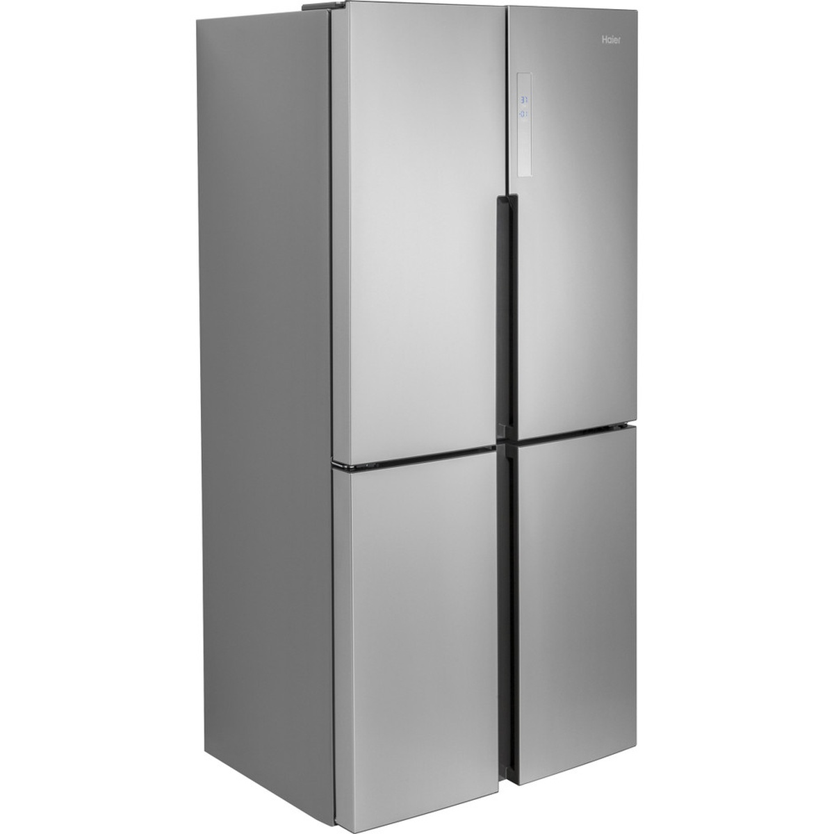 Haier HRQ16N3BGS stainless steel quad door refrigerator shown from a side angle, highlighting the counter-depth profile and curved door design