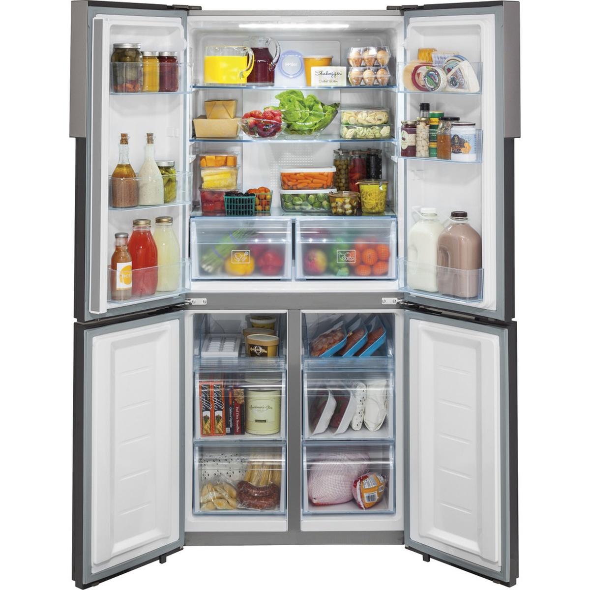 Haier HRQ16N3BGS quad door refrigerator open with all four doors wide, showing fully loaded fresh food compartment with glass shelves and crisper drawers on top, and freezer bins and drawers on the bottom