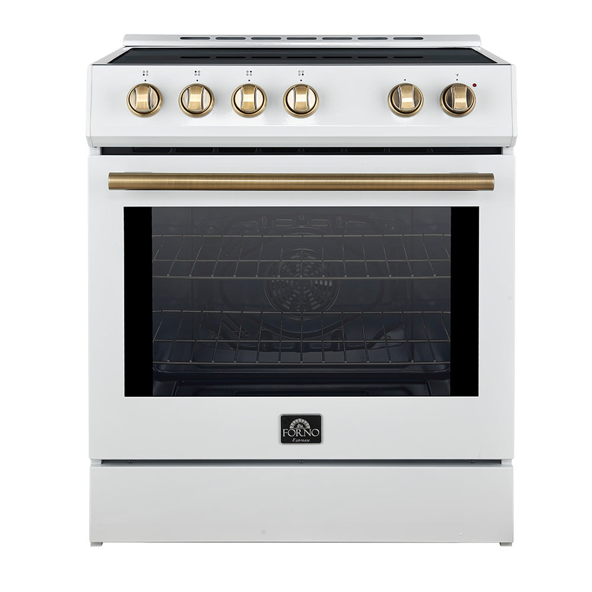 Forno Leonardo Espresso 30-inch white induction range front view showing five antique brass knobs, black ceramic cooktop, and large oven window