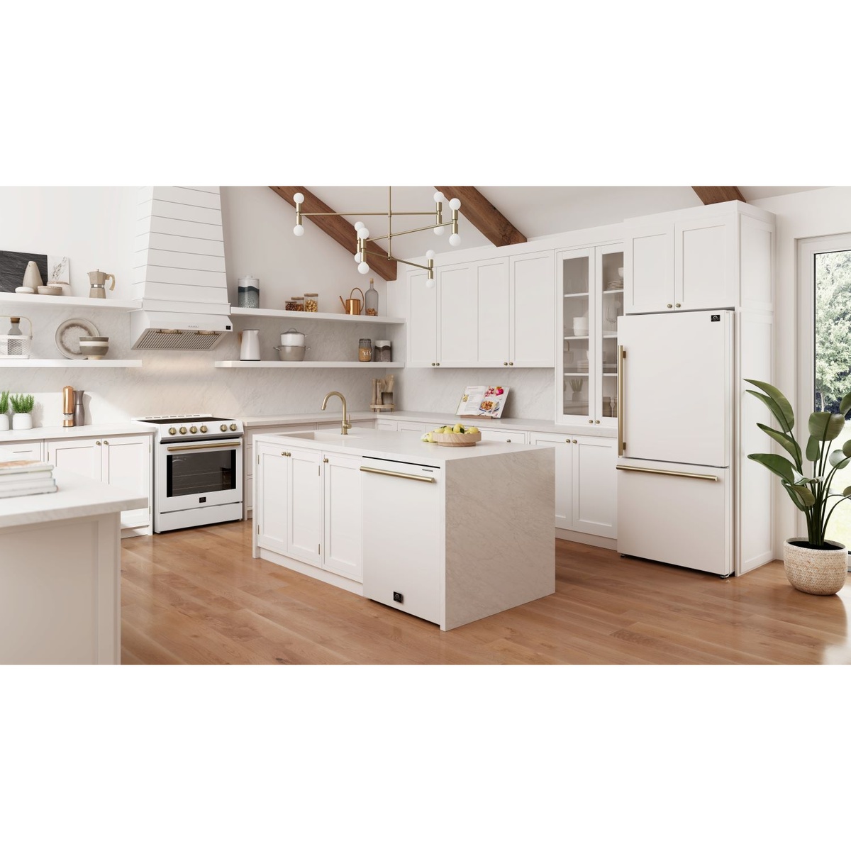 Forno Leonardo Espresso white induction range installed in a bright open-concept kitchen alongside matching white Forno refrigerator and dishwasher with gold accents