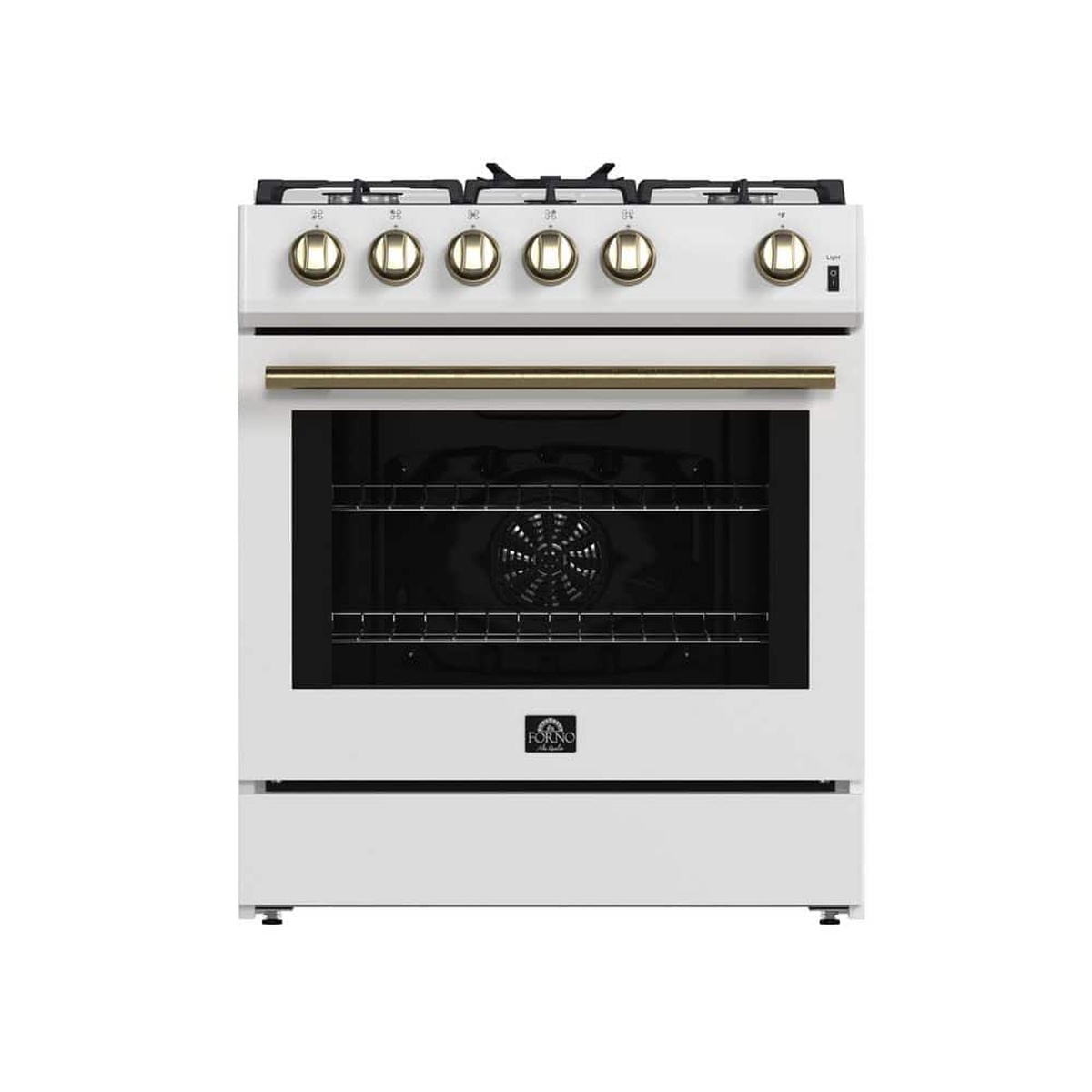 Front view of the Forno FFSGS1116-30WHT white gas range showing five antique brass control knobs, cast iron grates across five burners, and an antique brass oven door handle