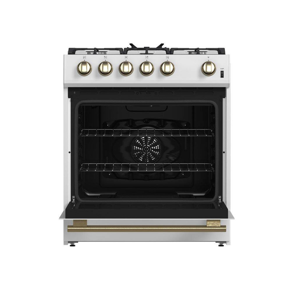 Forno FFSGS1116-30WHT with oven door open showing two wire racks, rear convection fan, and black enamel oven interior