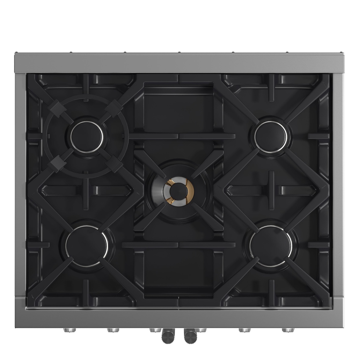 Top-down view of the Forno FFSGS6439-30 cooktop showing five sealed gas burners including a center dual-ring brass burner, surrounded by continuous cast iron grates over an enamel surface.